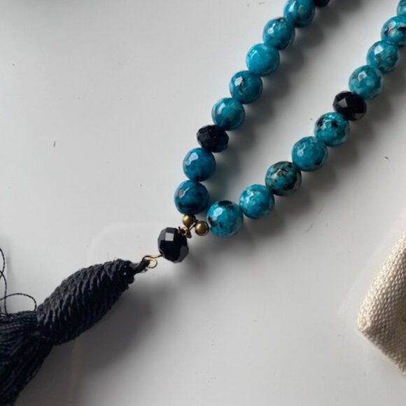 Neiman Marcus 32" Long Beaded Turquoise and Jet Necklace w 5" Tassel, Extender - Picture 3 of 9